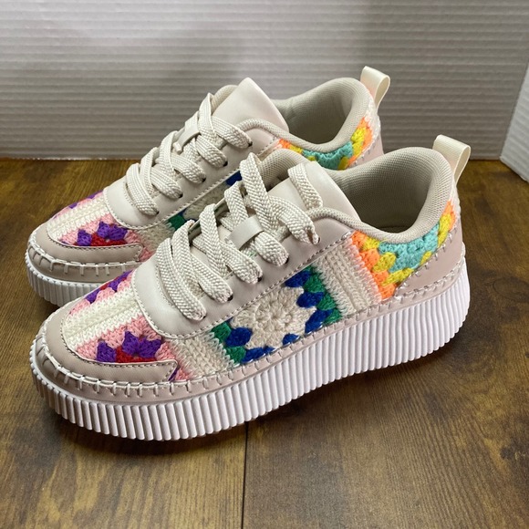 Berness Shoes - BERNESS Women's Crochet Patchwork‎ Platform Sneakers Cream Multi Color Size 7